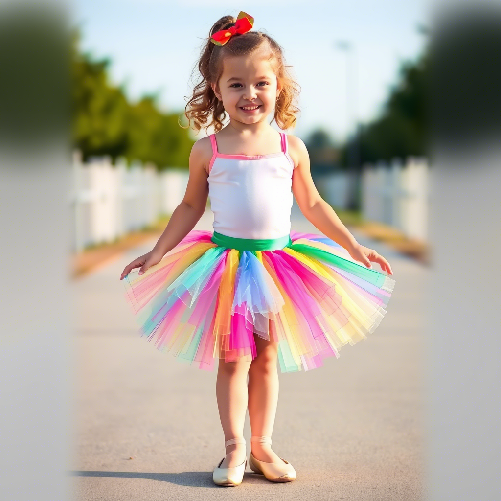 Young girl wearing a colorful tutu skirt and ballet shoes