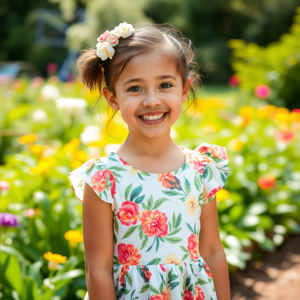 Young girl wearing a floral dress and smiling in a garden