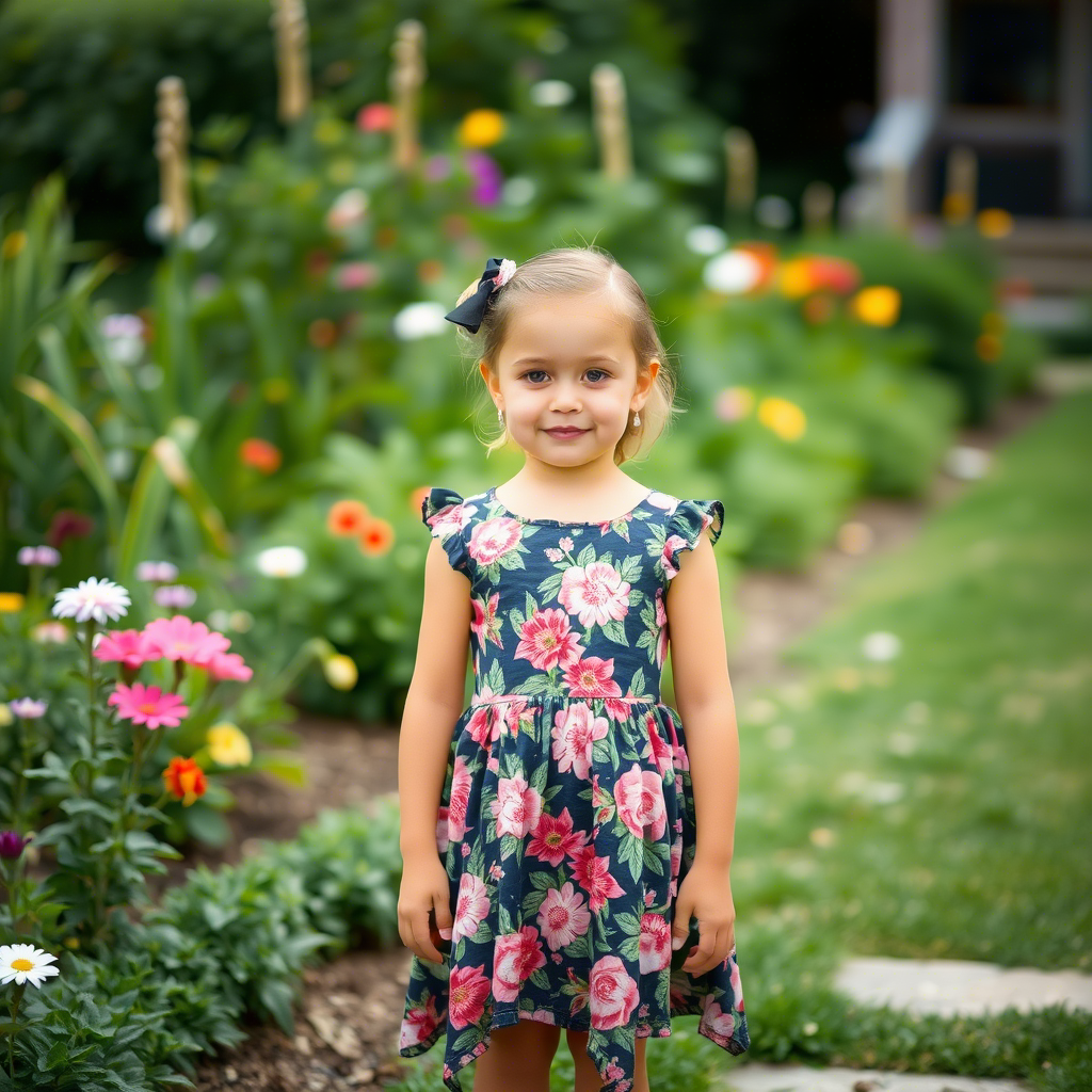Young girl wearing a floral dress, standing in a garden