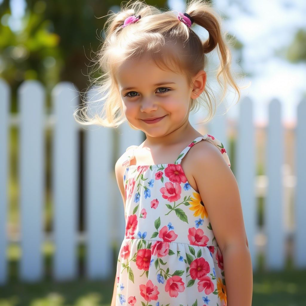 Young girl wearing a floral sundress, playing outside on a sunny day