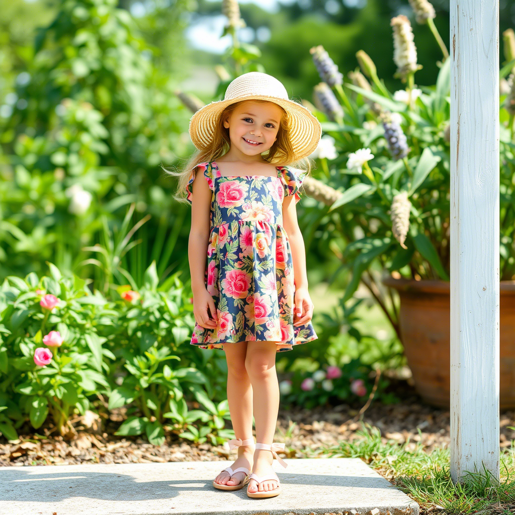 Young girl wearing a floral sundress with sandals