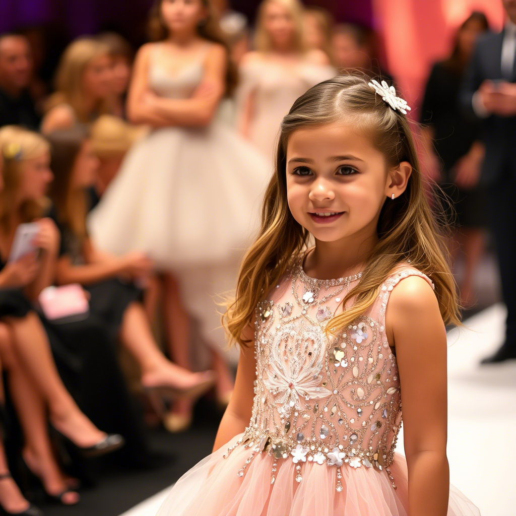 Young girl wearing a glamorous sequined dress at a fashion event