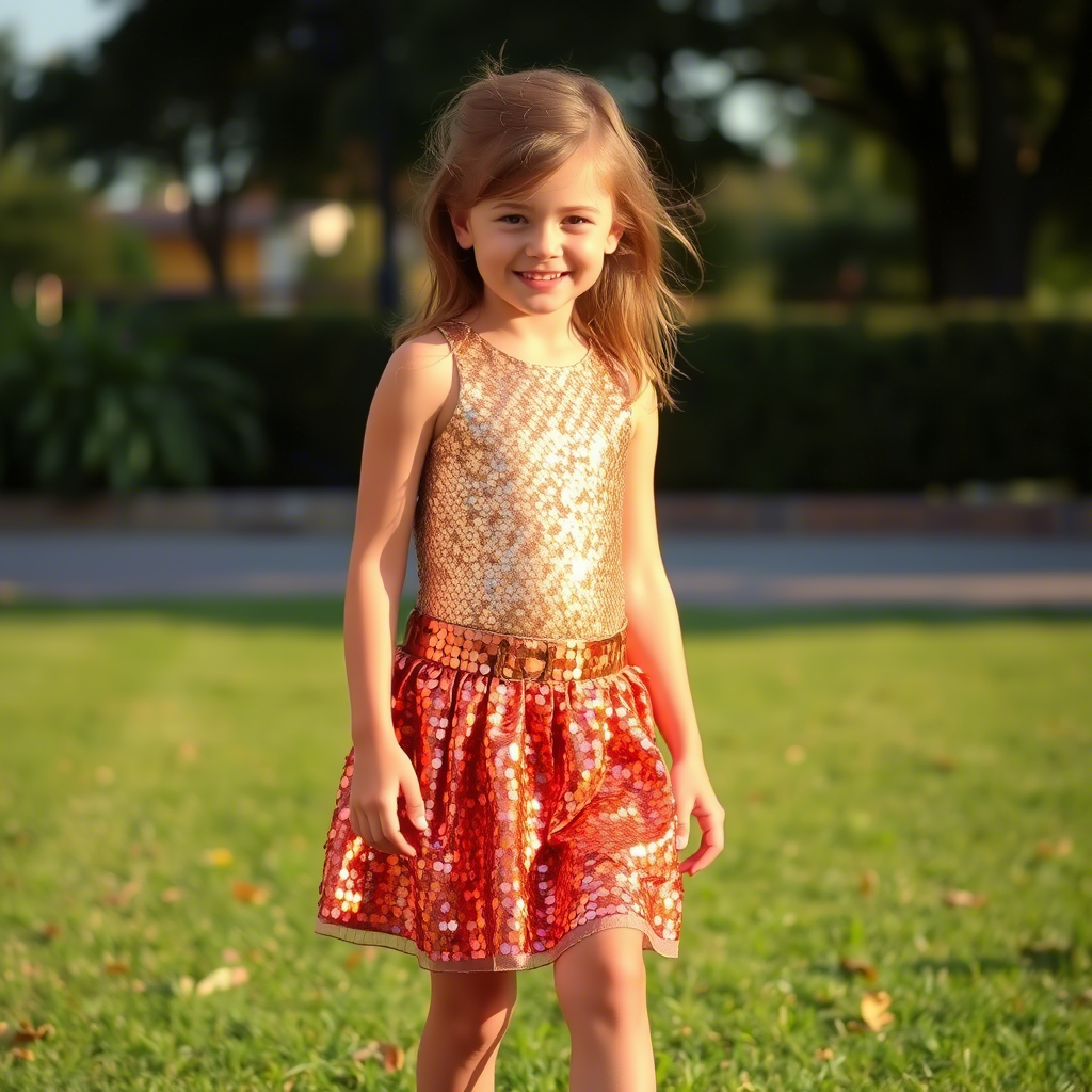 Young girl wearing a shimmering sequined skirt outdoors