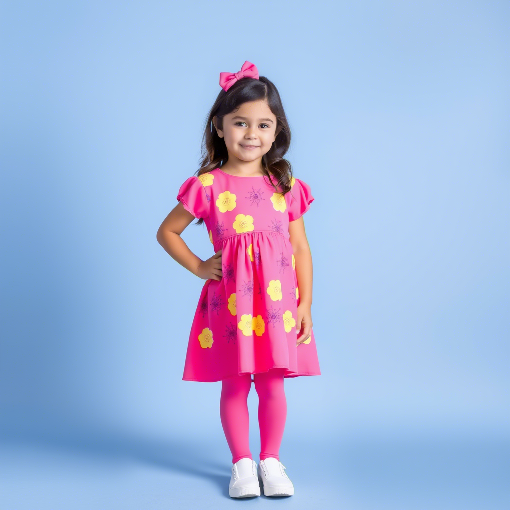 Young girl wearing bright dress with matching leggings