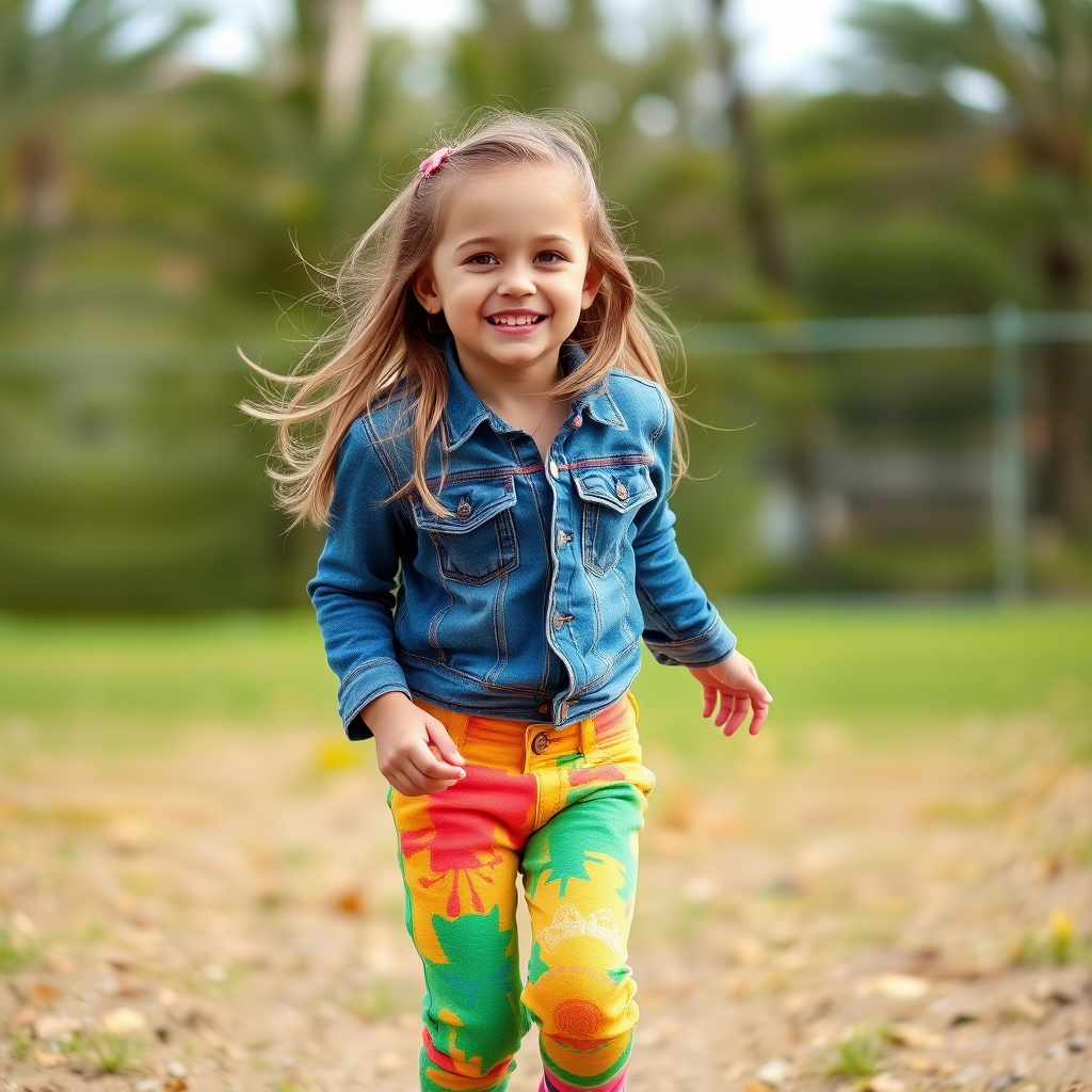 Young girl wearing colorful jeans and playing outside happily