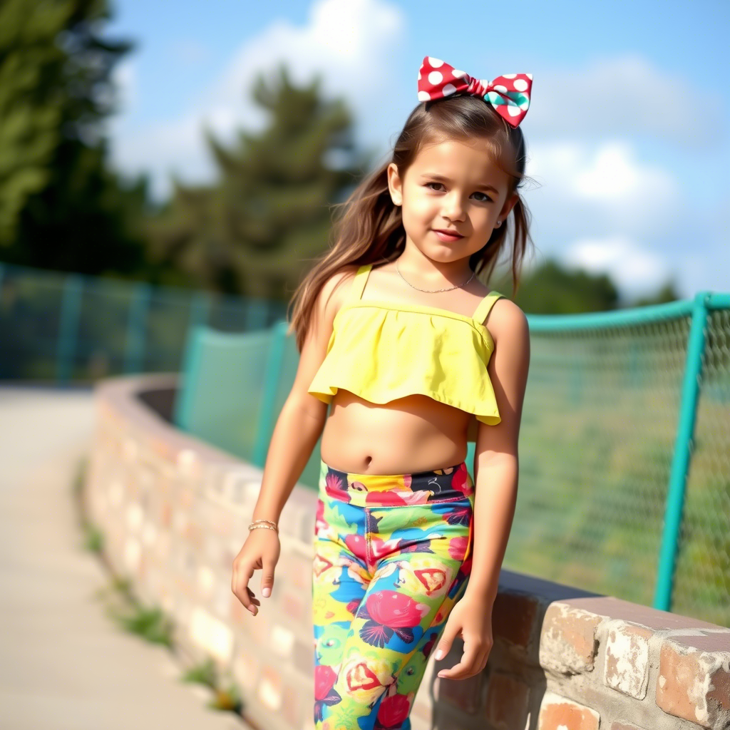Young girl wearing colorful leggings and matching crop top for summer fashion