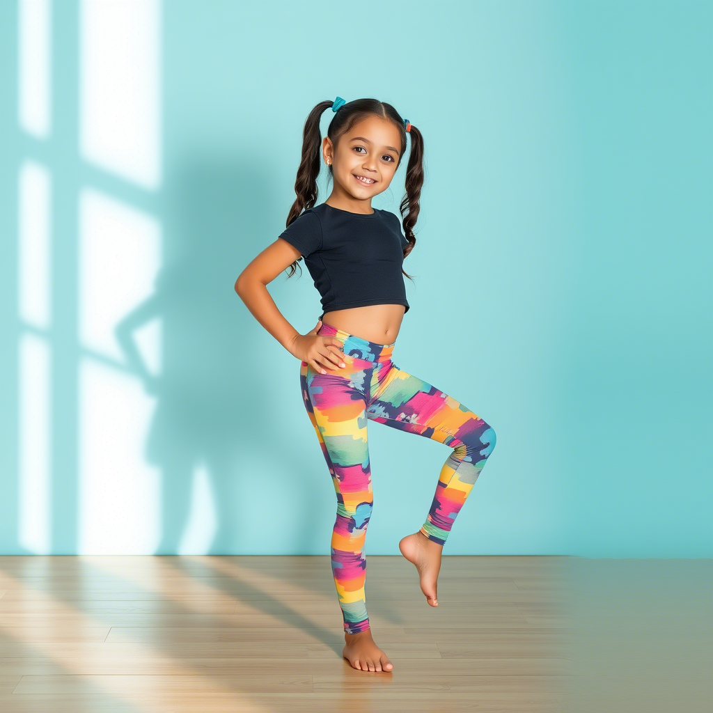 Young girl wearing colorful leggings and matching crop top, posing in a playful dance stance.