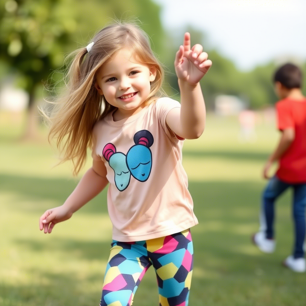 Young girl wearing colorful leggings and matching graphic top playing outside