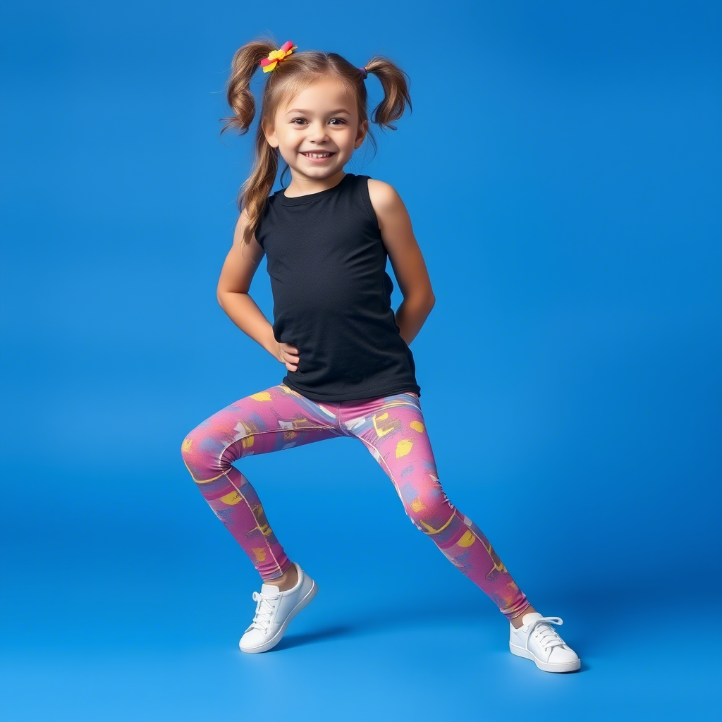 Young girl wearing colorful leggings and matching top in a playful pose