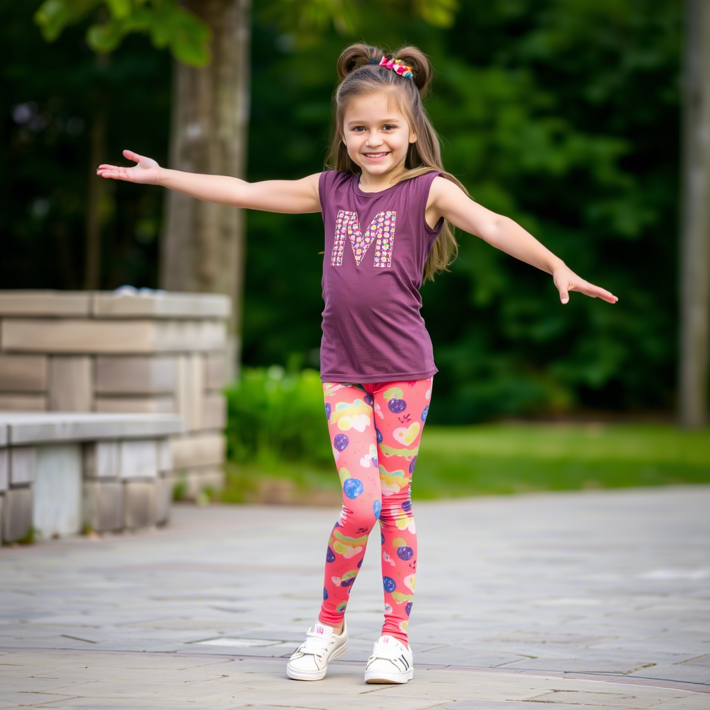 Young girl wearing colorful leggings and matching top, posing happily outdoors