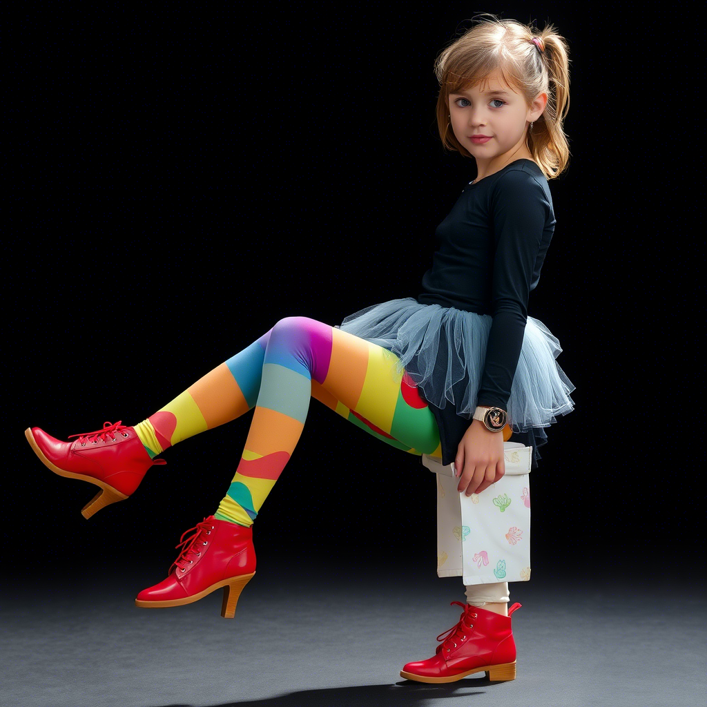 Young girl wearing colorful leggings and tights, posing for fashion photo