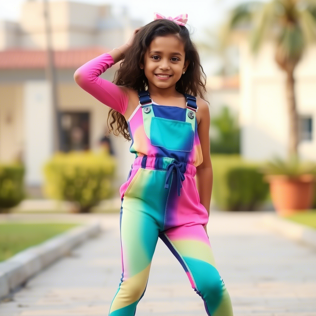 Young girl wearing colorful leggings and trendy jumpsuit, posing playfully outdoors
