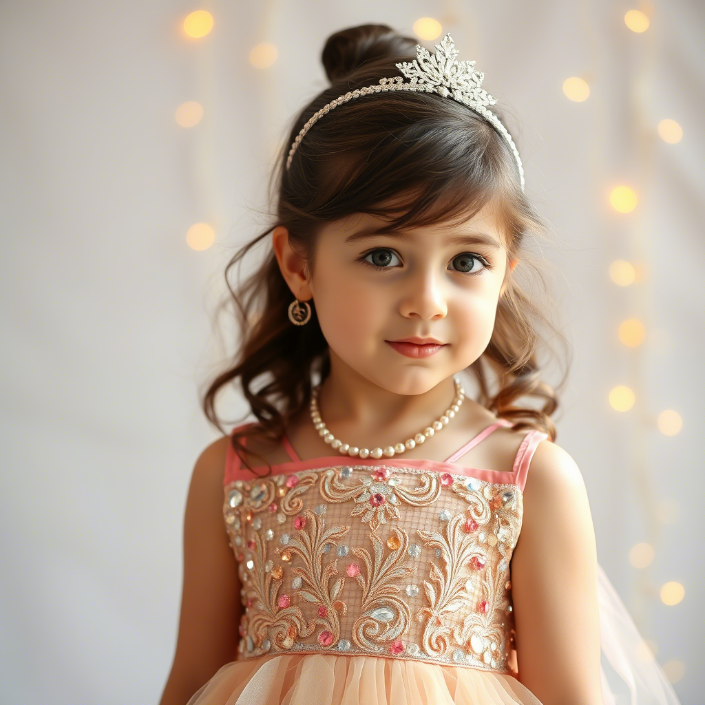 Young girl wearing festive dress with glittery accessories