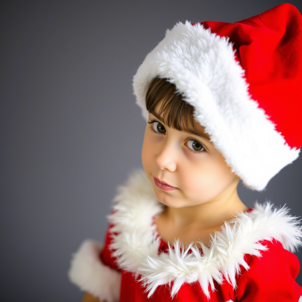 Young girl wearing festive red dress with white fur trim and Santa hat