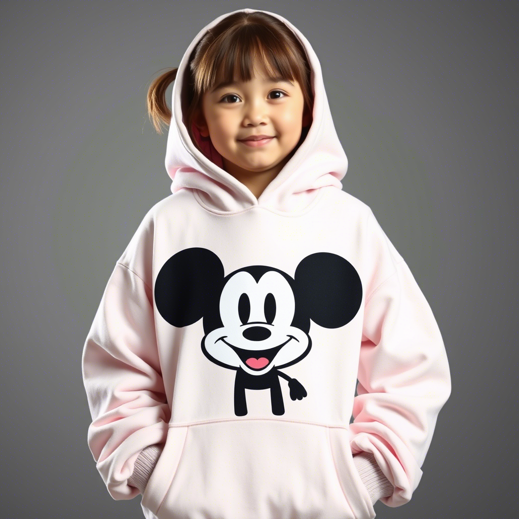 Young girl wearing oversized hoodie with cartoon character