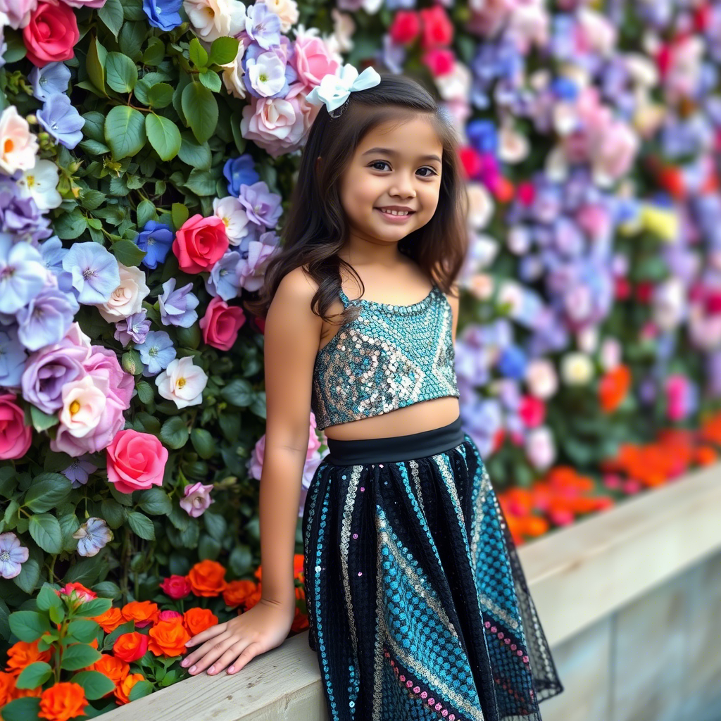 Young girl wearing sequined skirt and top, posing on a flower wall