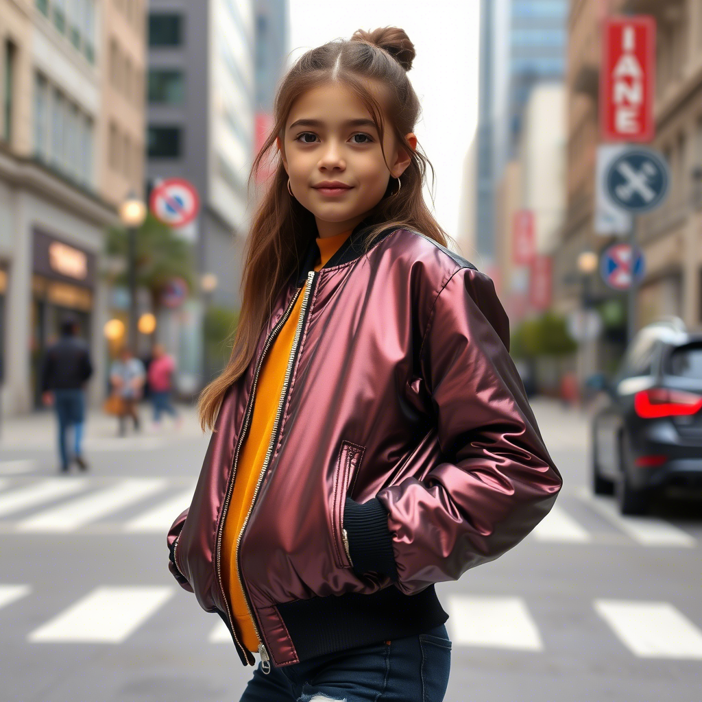 Young girl wearing shiny bomber jacket, posing on city street