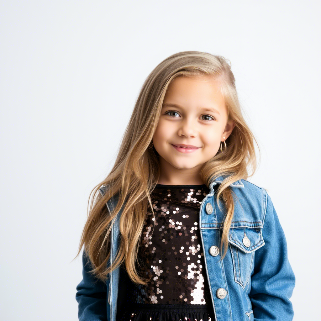 Young girl wearing shiny sequin dress and denim jacket