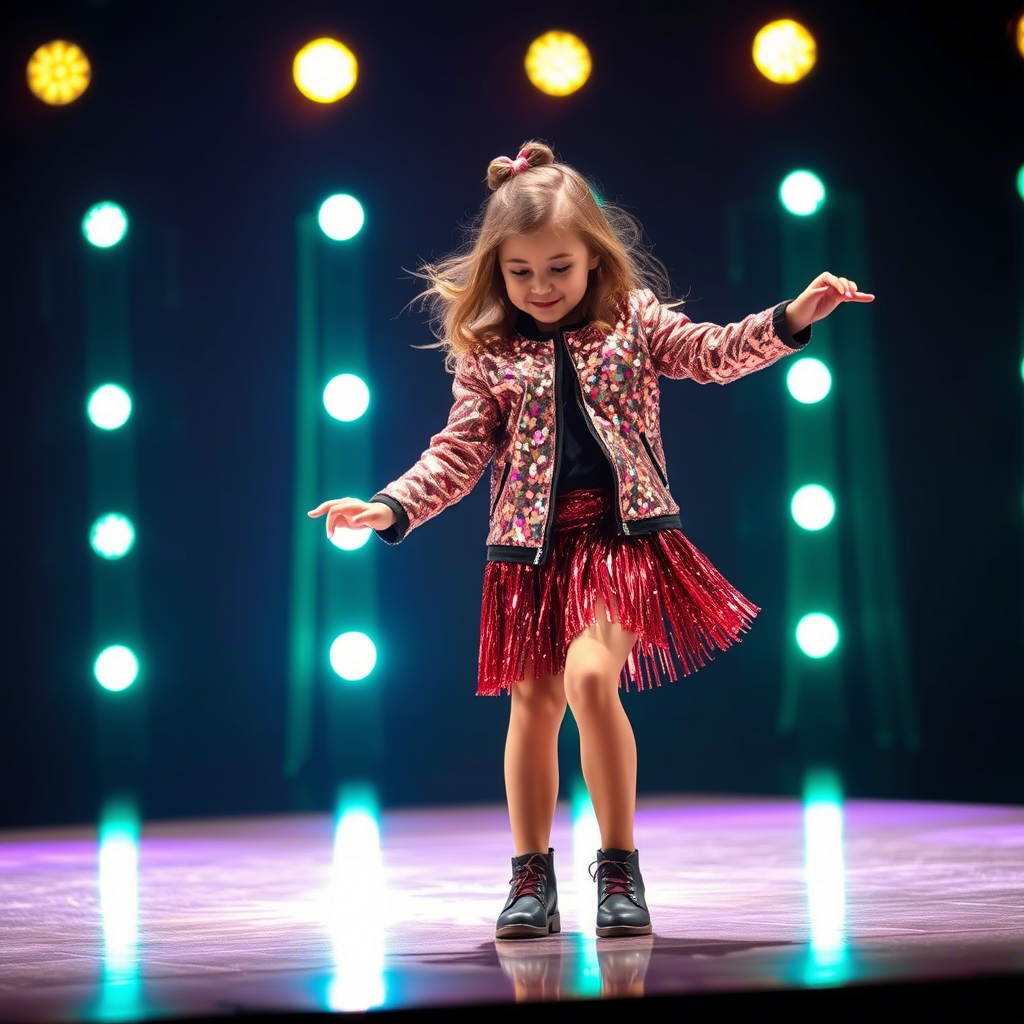 Young girl wearing shiny sequin jacket and skirt dancing on stage