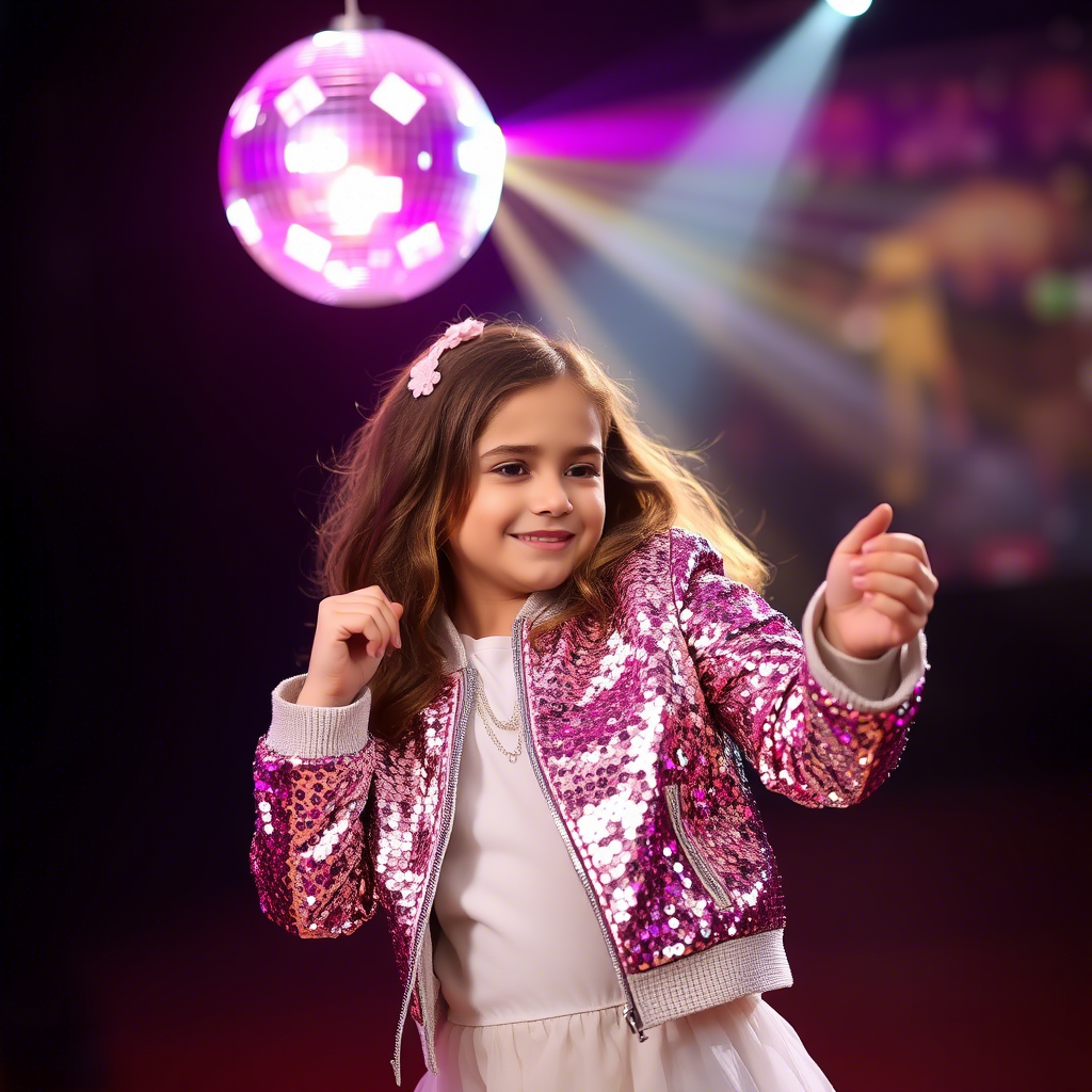 Young girl wearing shiny sequin jacket dancing under disco ball