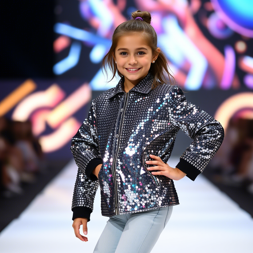 Young girl wearing shiny sequin jacket, posing confidently on a catwalk