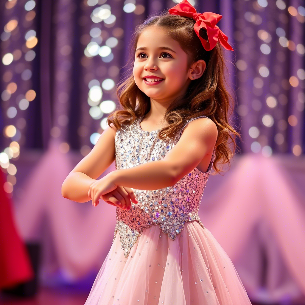Young girl wearing shiny sequined dress for festive dance performance