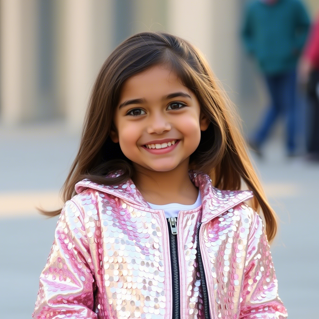 Young girl wearing shiny sequined jacket, smiling outdoors