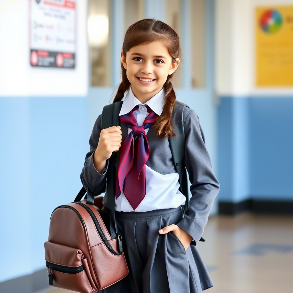 Young girl wearing stylish school uniform and holding a matching backpack