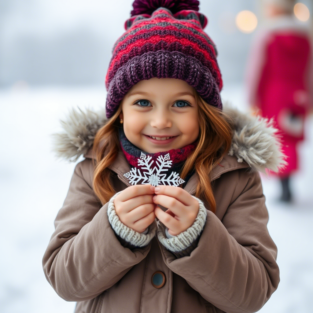 Young girl wearing warm winter coat and holding snowflake