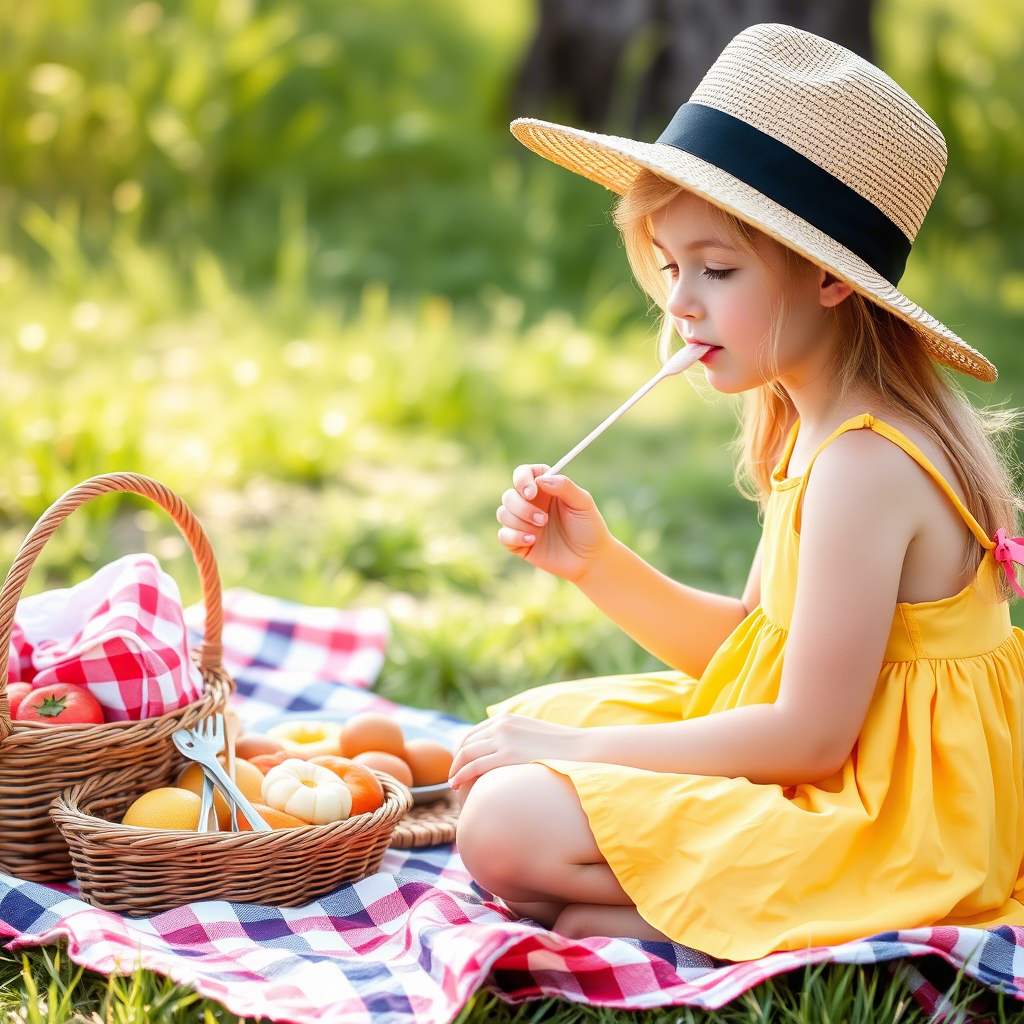 Young girl with yellow sundress and straw hat having picnic