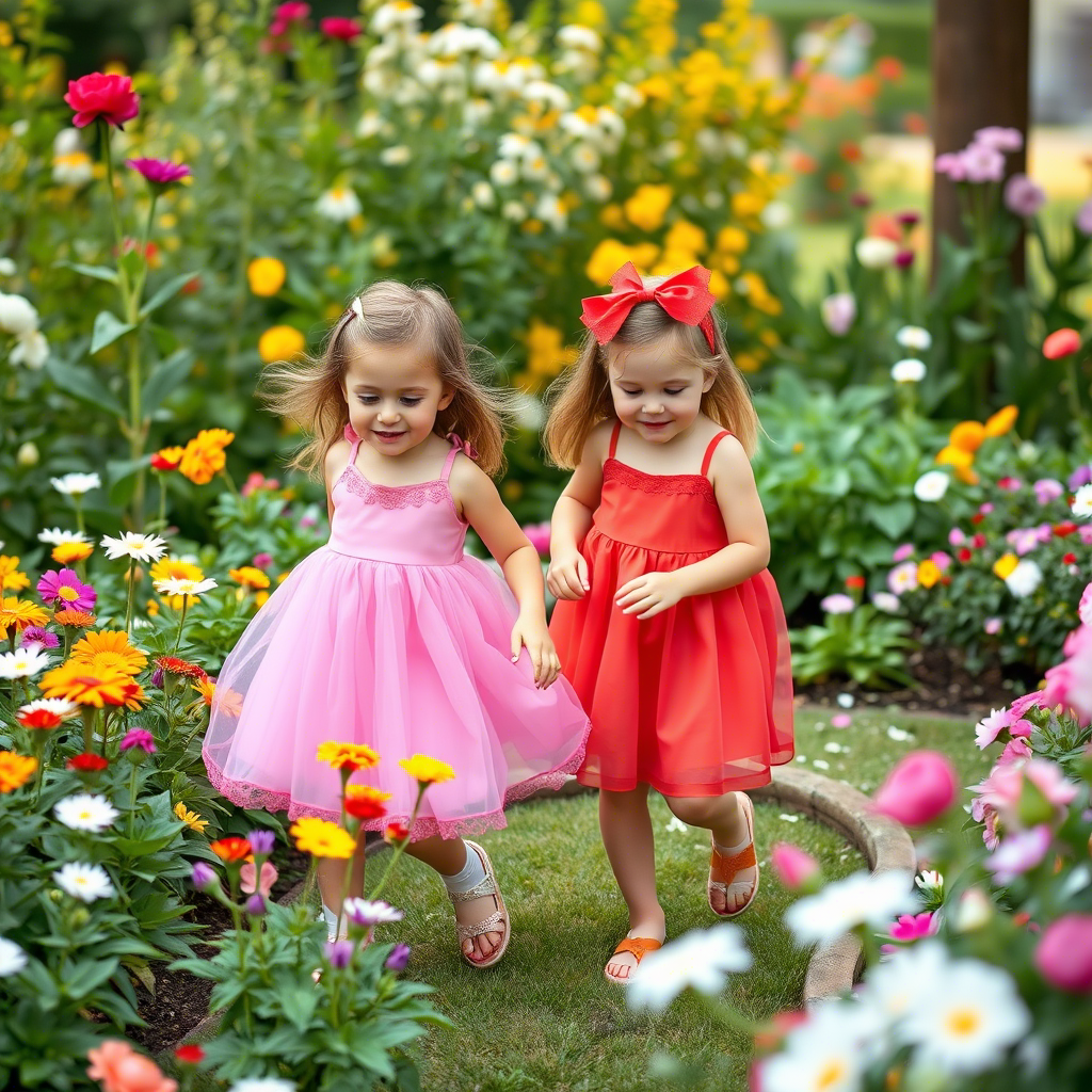 Young girls in colorful dresses playing in a flower garden