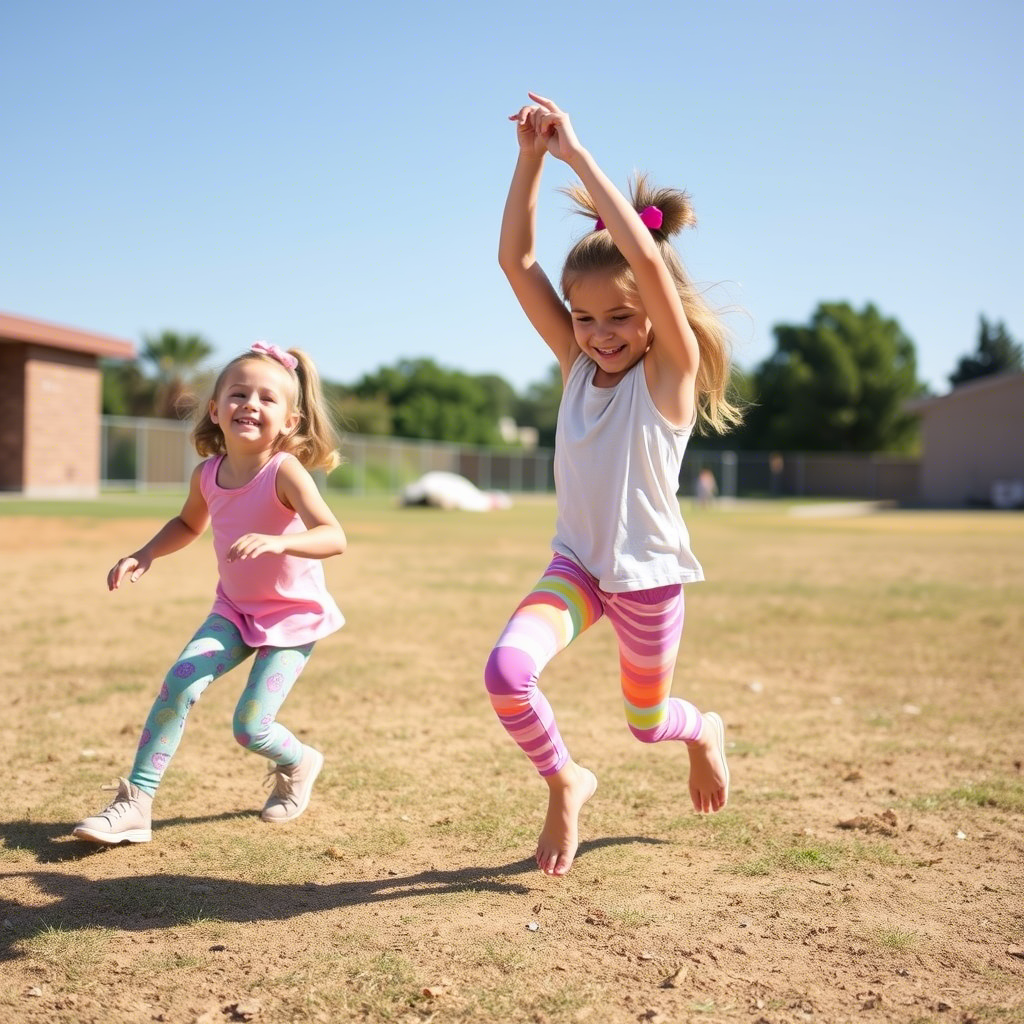Young girls in colorful leggings playing outside on a sunny day