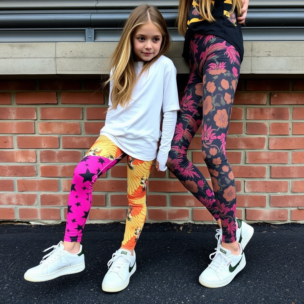 Young girls in jeggings with vibrant prints and sneakers