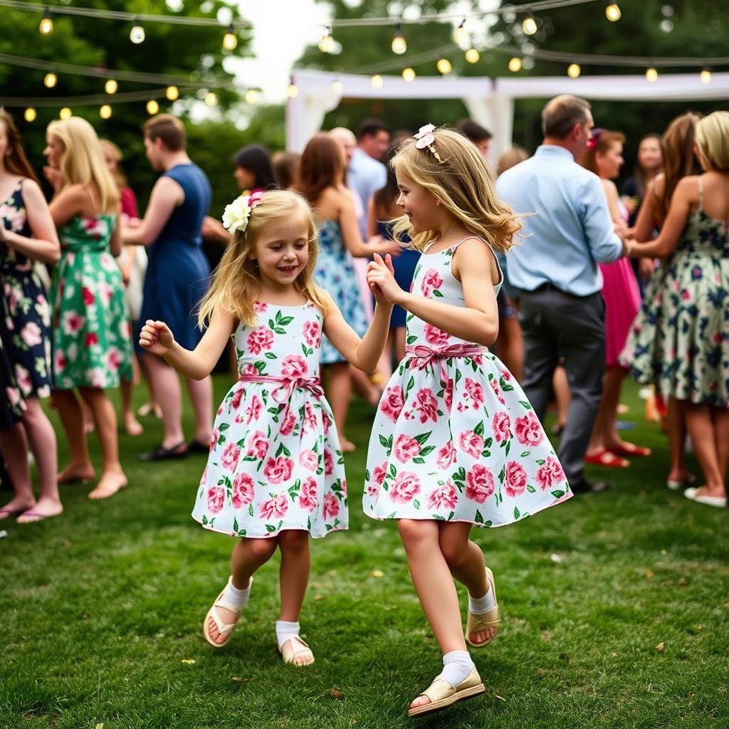 Young girls in matching floral skirts dancing at a garden party