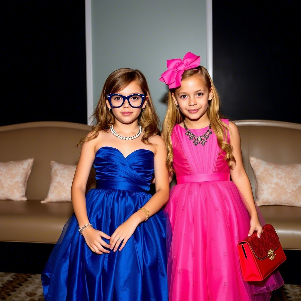 Young girls in stylish party dresses with bold accessories