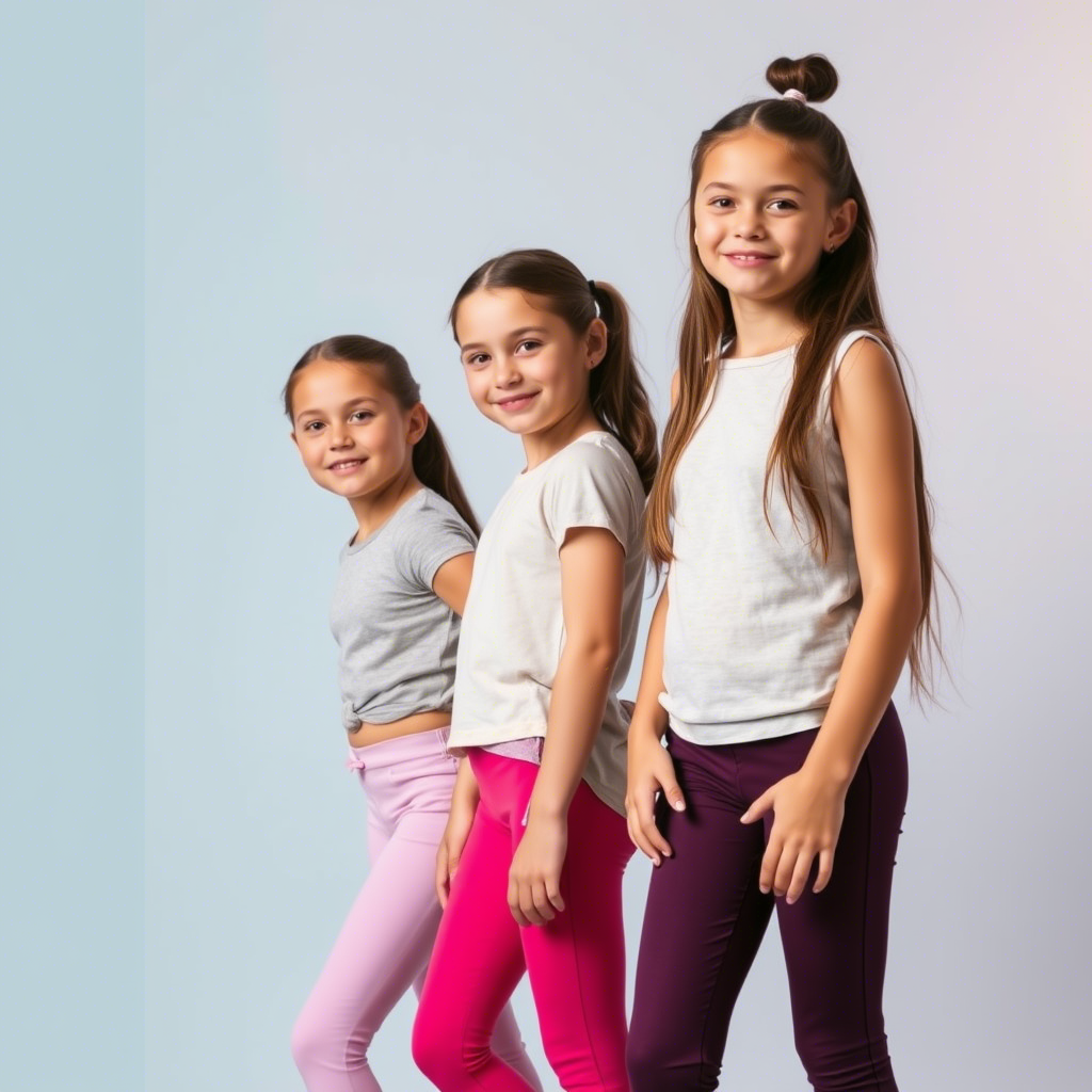 Young girls in various leggings and pants styles posing for a photo shoot