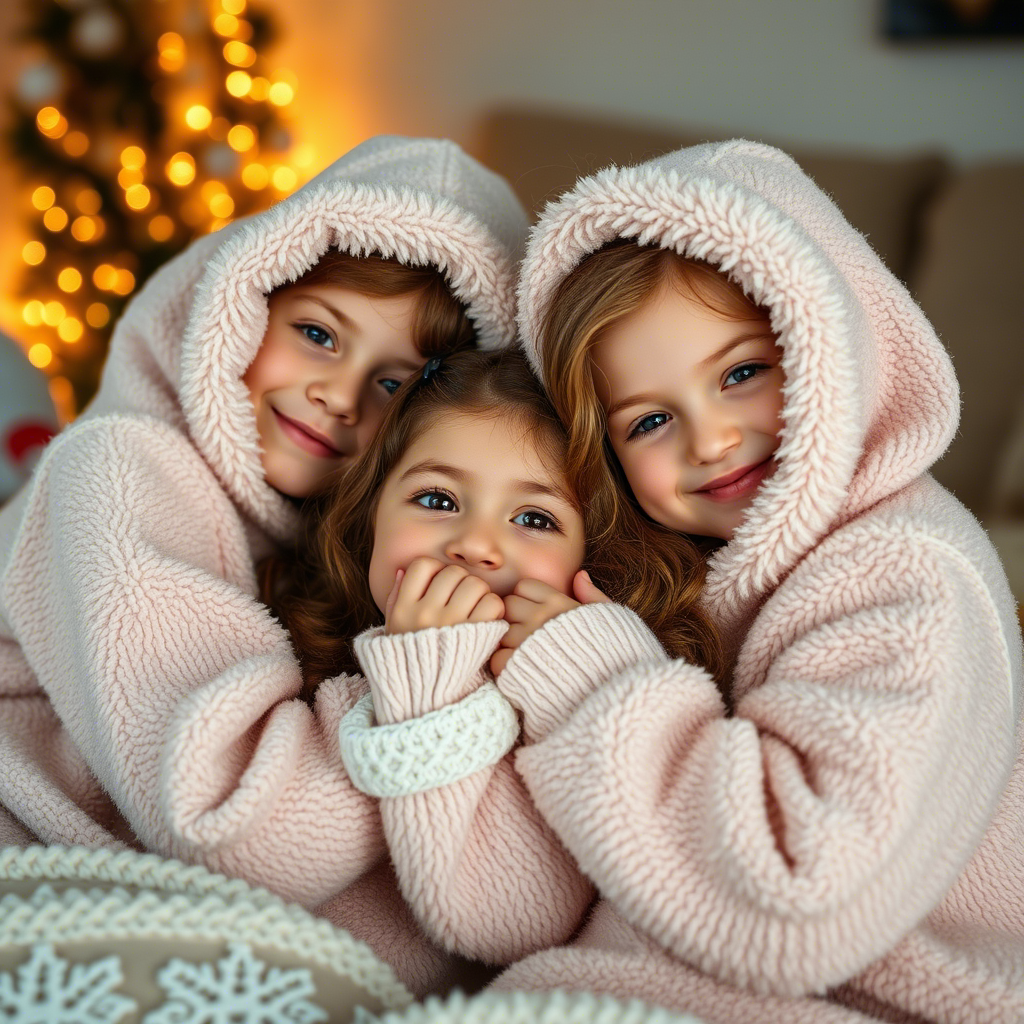Young girls snuggled up in soft, fuzzy hoodies at home