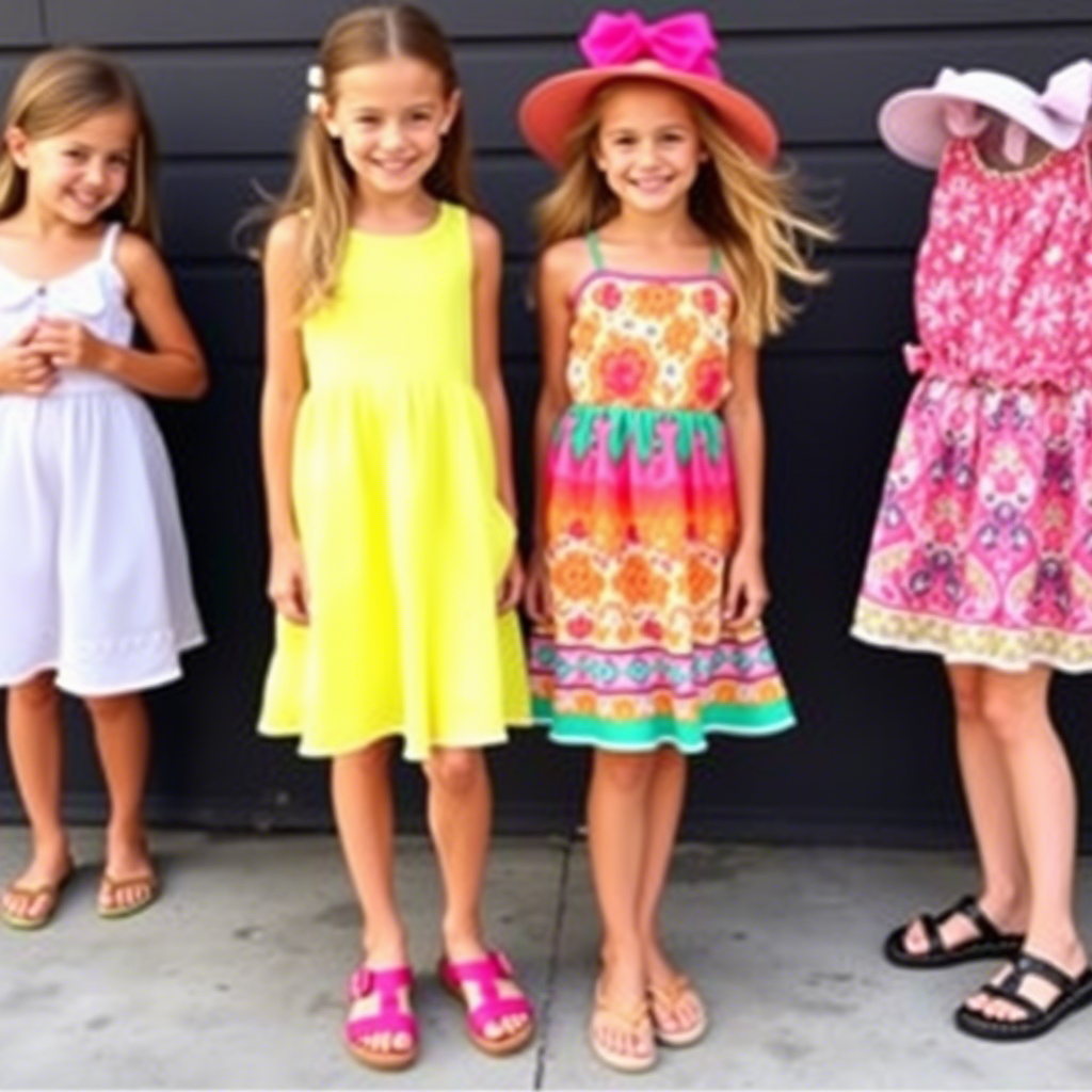 Young girls’ summer clothing with bright sundresses and sandals