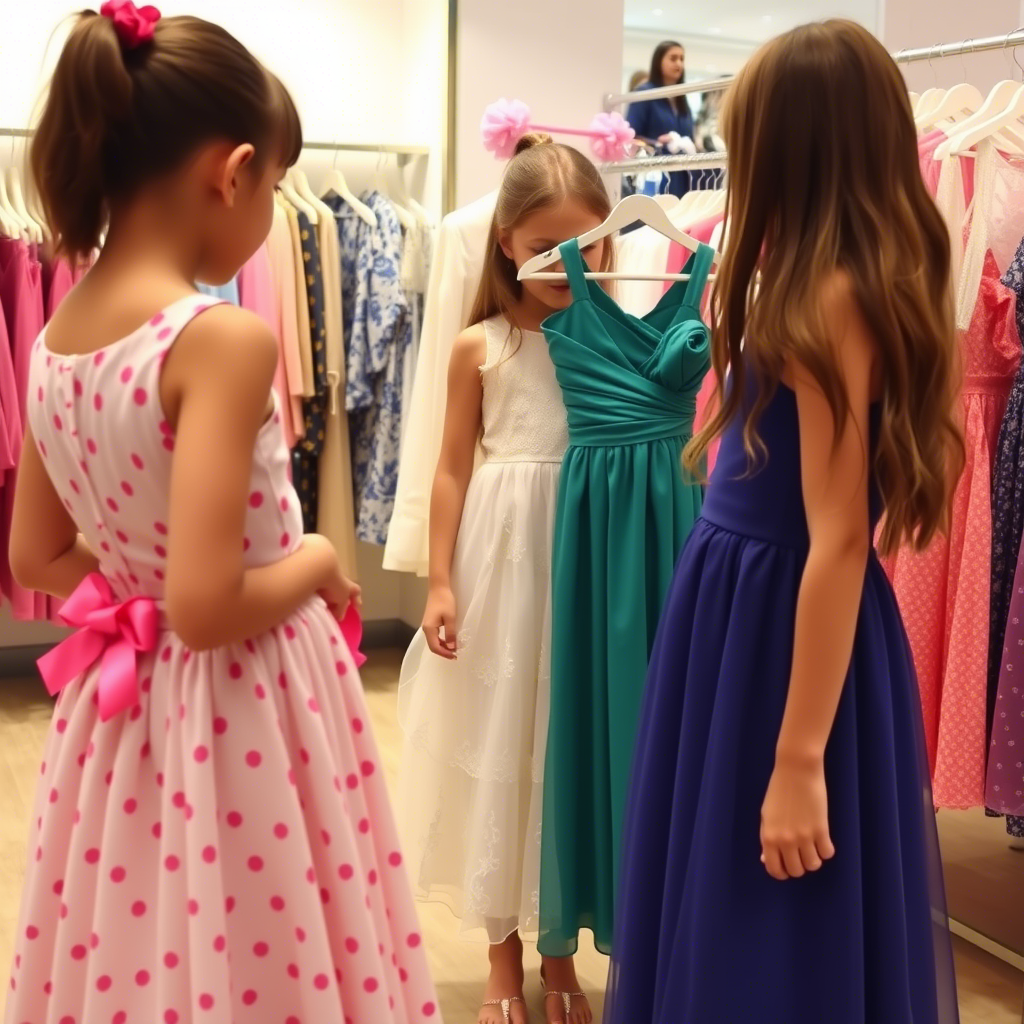 Young girls trying on various dresses in a clothing store