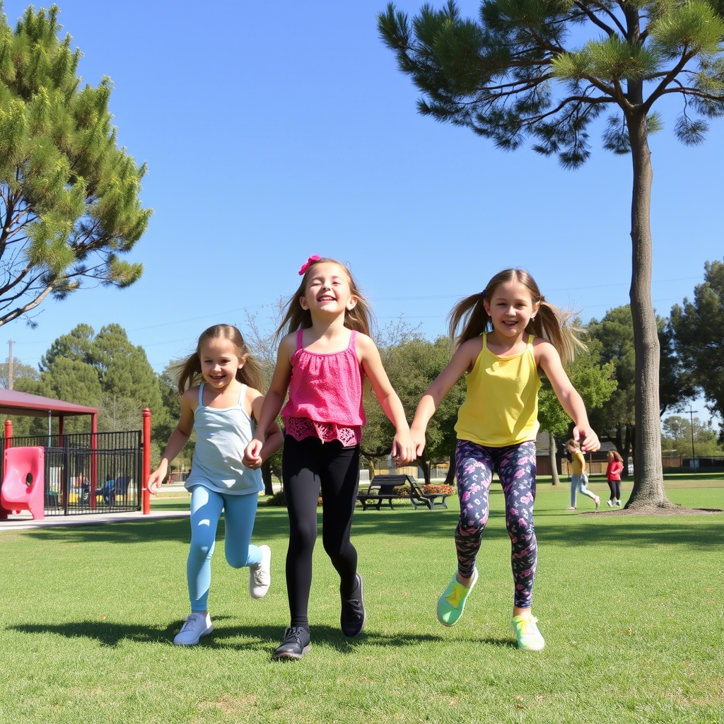 Young girls wearing colorful leggings and tops, playing in a park