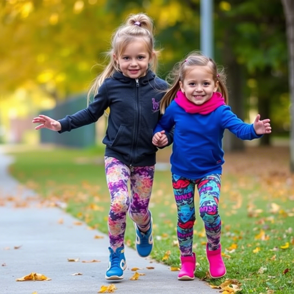 Young girls wearing colorful leggings playing outside