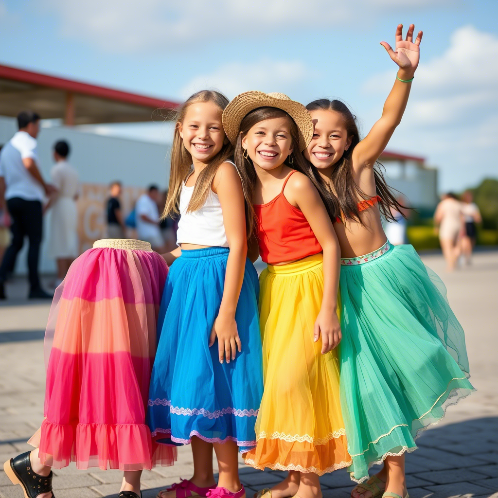 Young girls wearing colorful skirts and having fun