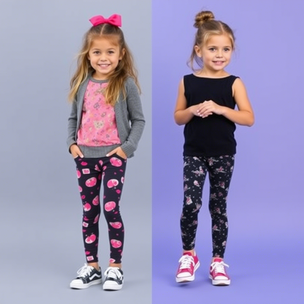 Young girls wearing trendy leggings and pants for outdoor play