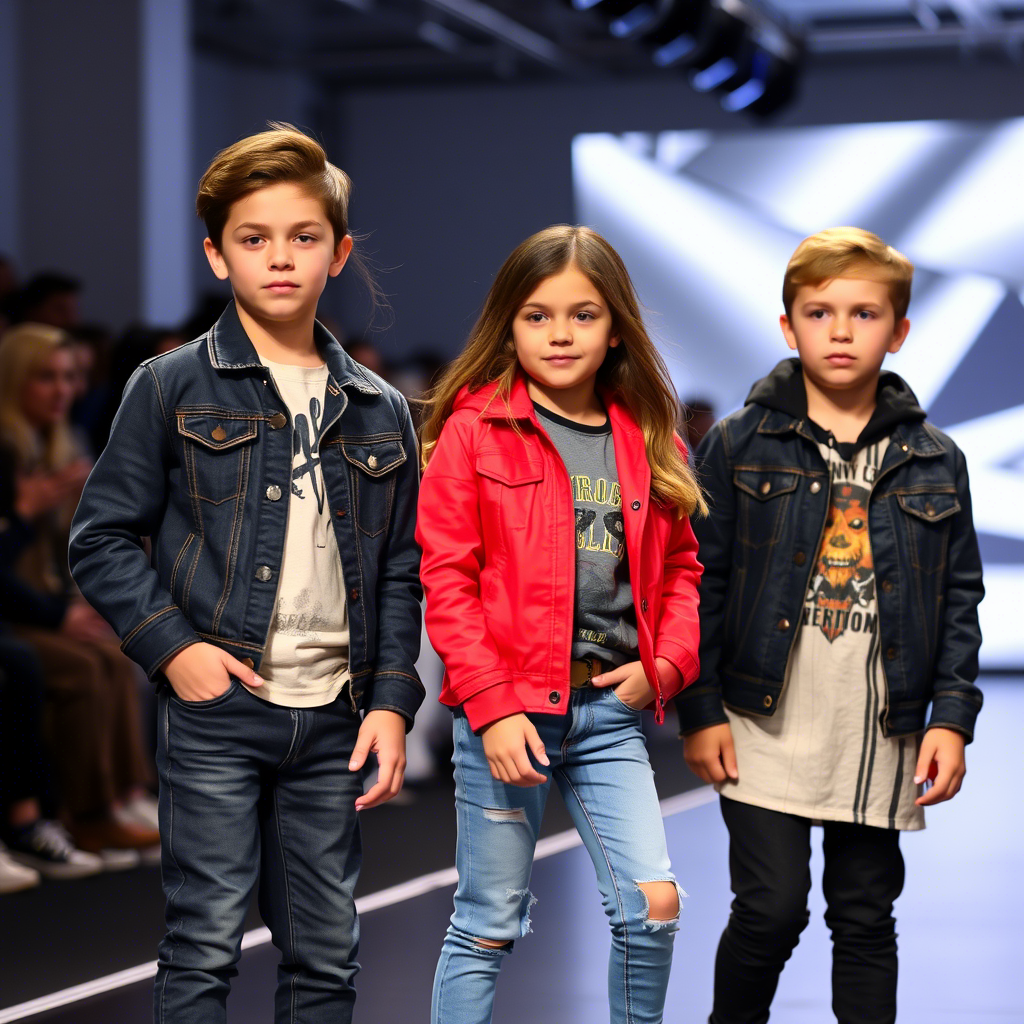 Young kids wearing trendy jeans and jackets at a fashion show