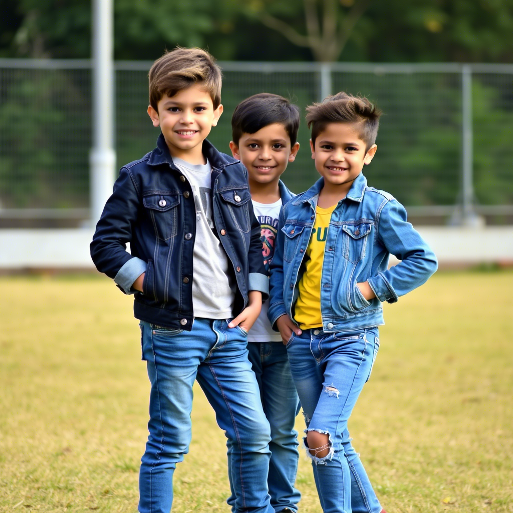 Young kids wearing trendy jeans and jackets, posing outdoors