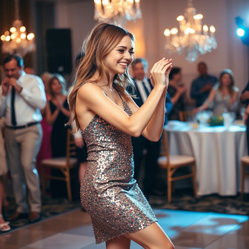 Young lady in sparkly sequin dress dancing at a wedding reception