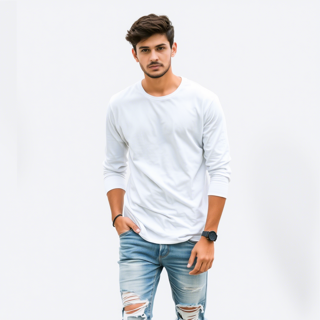 Young man wearing distressed jeans and a plain white shirt