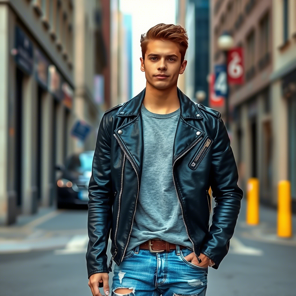 Young man wearing distressed jeans and leather jacket in city street