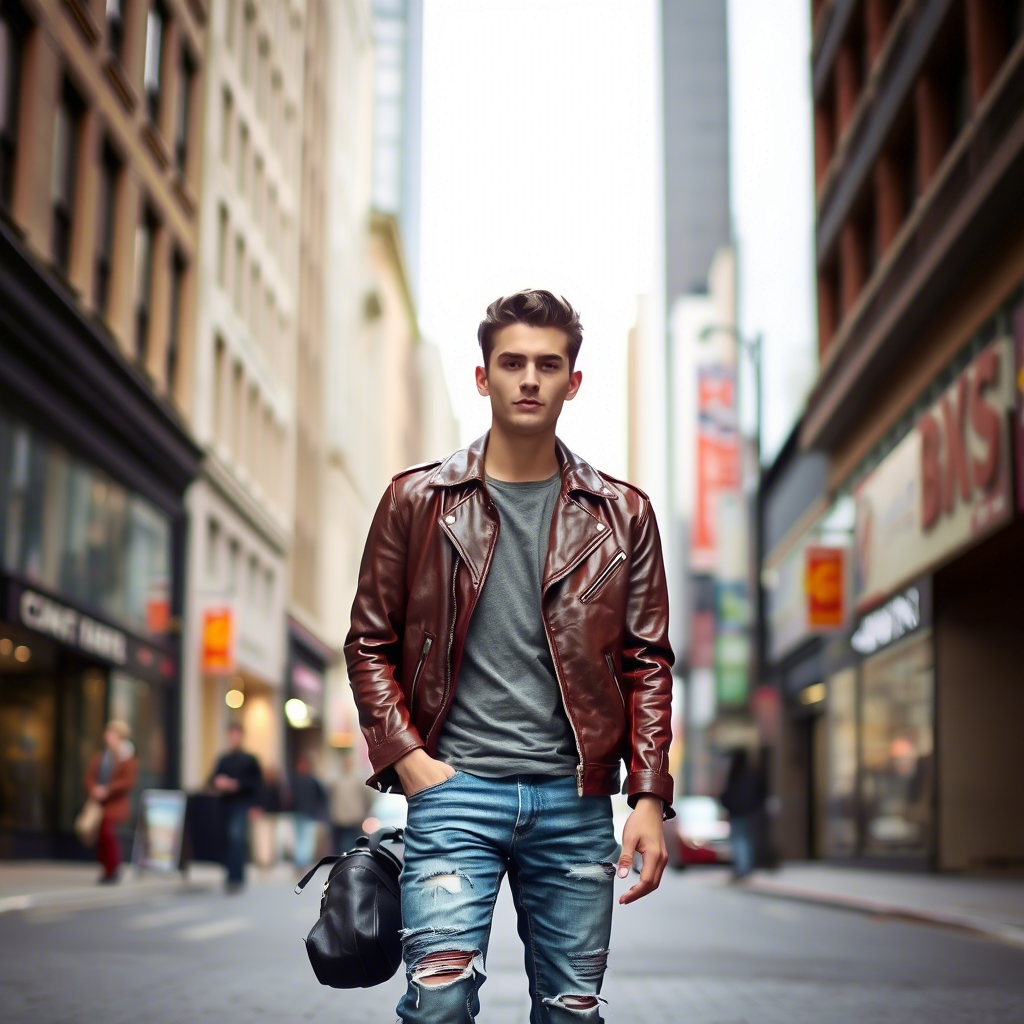Young man wearing distressed jeans and leather jacket standing in city street