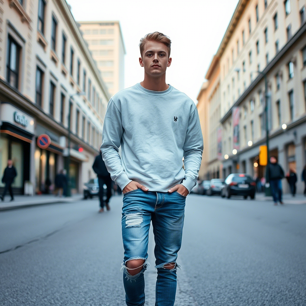 Young man wearing distressed jeans and sweatshirt posing on city street